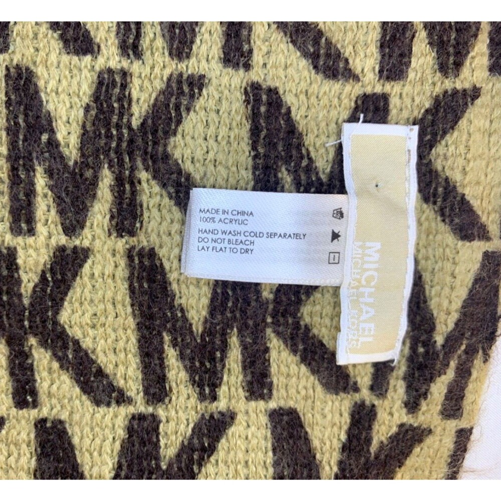 Michael Kors MK Scarf 72" x 10"Tan Brown MK Logo Monogram 10" Fringe  Soft - Picture 2 of 6